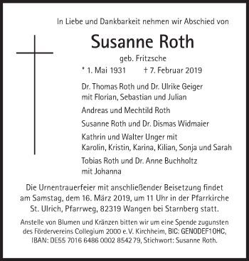 Traueranzeige von Susanne Roth von Süddeutsche Zeitung