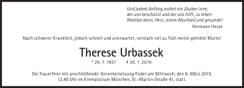 Traueranzeige von Therese Urbassek von Süddeutsche Zeitung