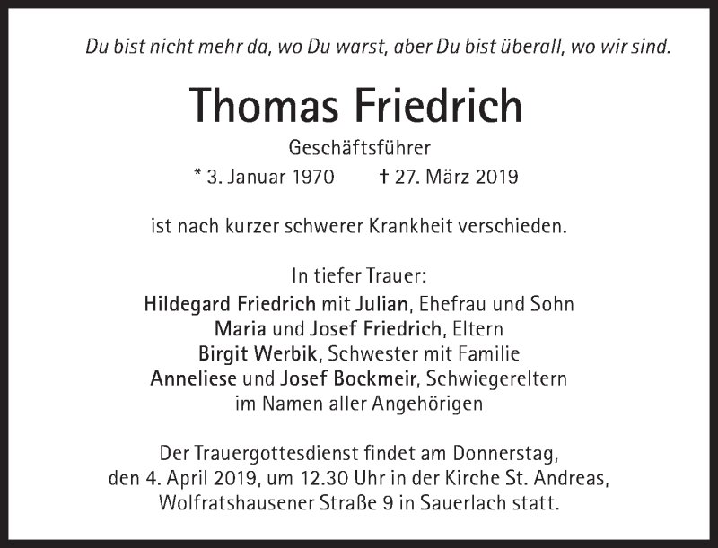  Traueranzeige für Thomas Friedrich vom 30.03.2019 aus Süddeutsche Zeitung