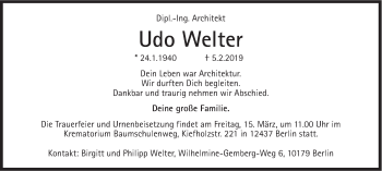 Traueranzeige von Udo Welter von Süddeutsche Zeitung