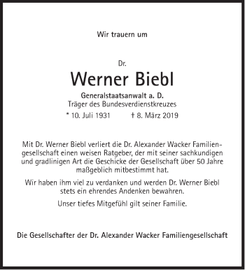 Traueranzeige von Werner Biebl von Süddeutsche Zeitung