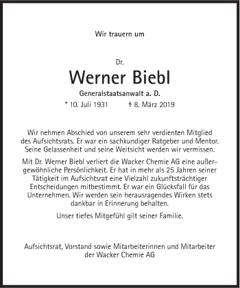 Traueranzeige von Werner Biebl von Süddeutsche Zeitung