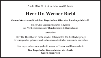 Traueranzeige von Werner Biebl von Süddeutsche Zeitung