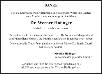 Traueranzeige von Werner Hofinger von Süddeutsche Zeitung