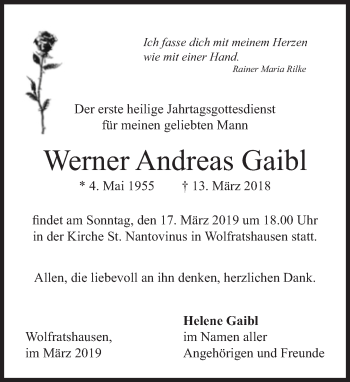 Traueranzeige von Werner Andreas Gaibl von Süddeutsche Zeitung