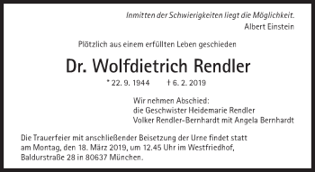Traueranzeige von Wolfdietrich Rendler von Süddeutsche Zeitung