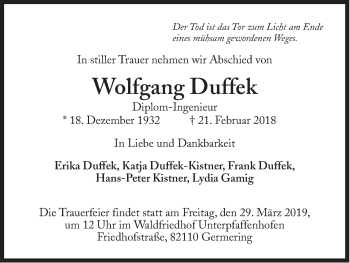 Traueranzeige von Wolfgang Duffek von Süddeutsche Zeitung