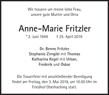 Traueranzeige von Anne-Marie Fritzler von Süddeutsche Zeitung