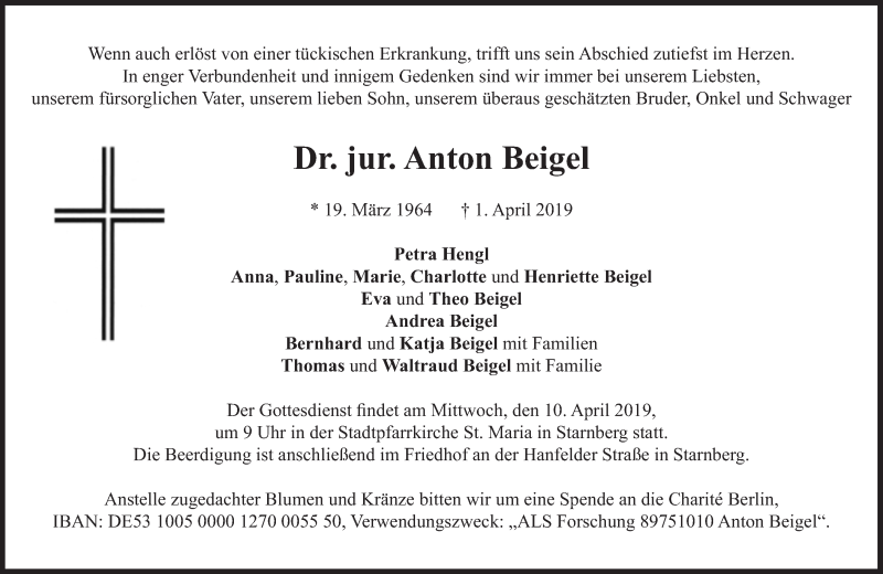  Traueranzeige für Anton Beigel vom 06.04.2019 aus Süddeutsche Zeitung