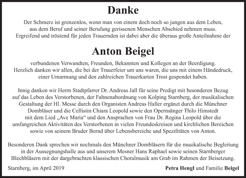  Traueranzeige für Anton Beigel vom 18.04.2019 aus Süddeutsche Zeitung