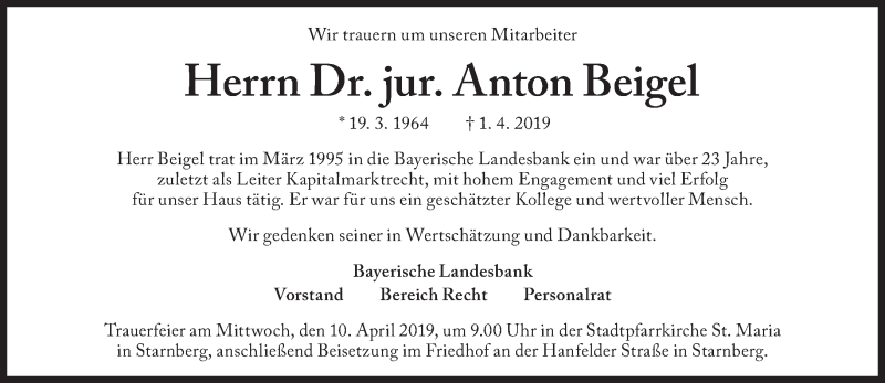  Traueranzeige für Anton Beigel vom 09.04.2019 aus Süddeutsche Zeitung