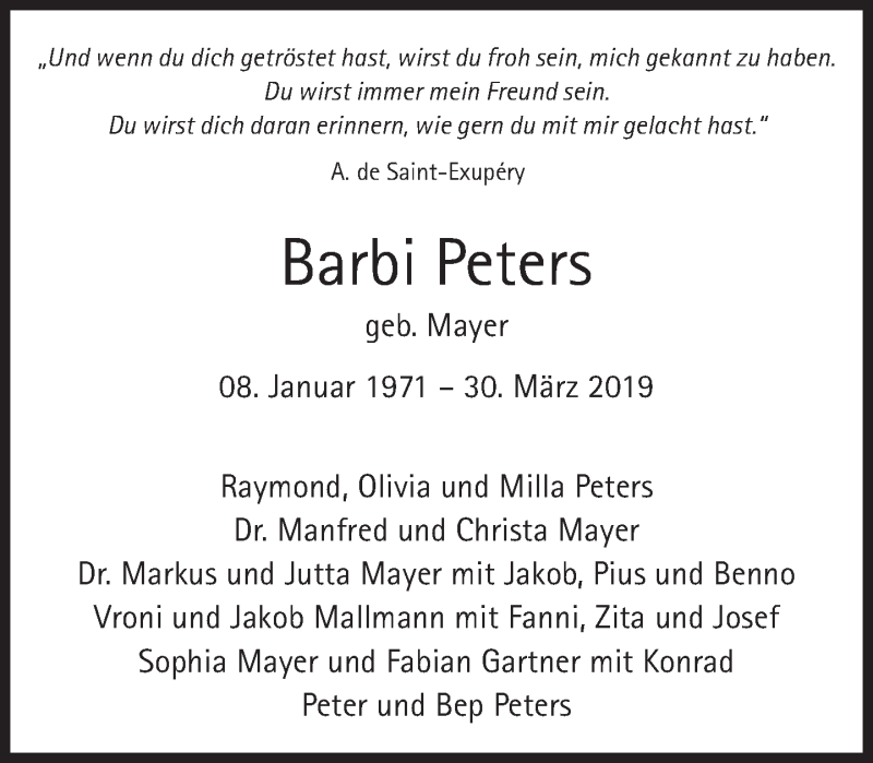  Traueranzeige für Barbi Peters vom 05.04.2019 aus Süddeutsche Zeitung