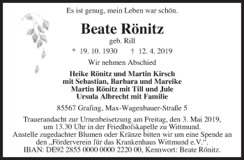 Traueranzeige von Beate Rönitz von Süddeutsche Zeitung