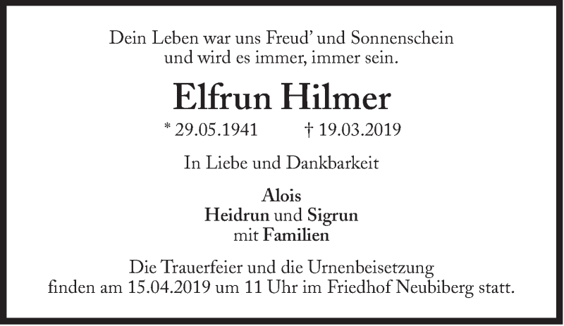  Traueranzeige für Elfrun Hilmer vom 04.04.2019 aus Süddeutsche Zeitung