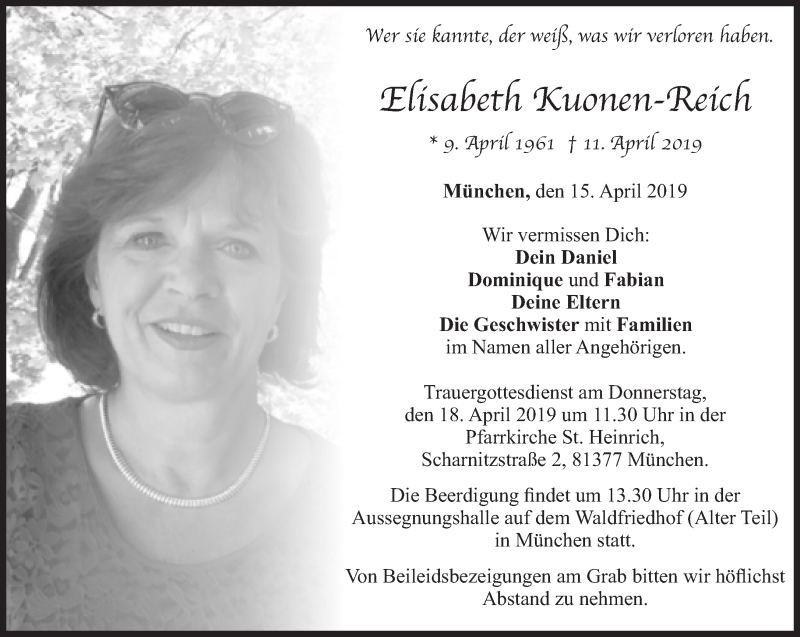  Traueranzeige für Elisabeth Kuonen-Reich vom 15.04.2019 aus Süddeutsche Zeitung