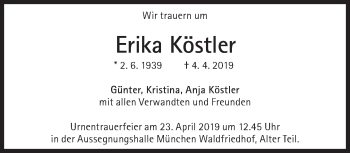 Traueranzeige von Erika Köstler von Süddeutsche Zeitung