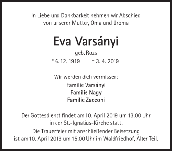 Traueranzeige von Eva Varsanyi von Süddeutsche Zeitung