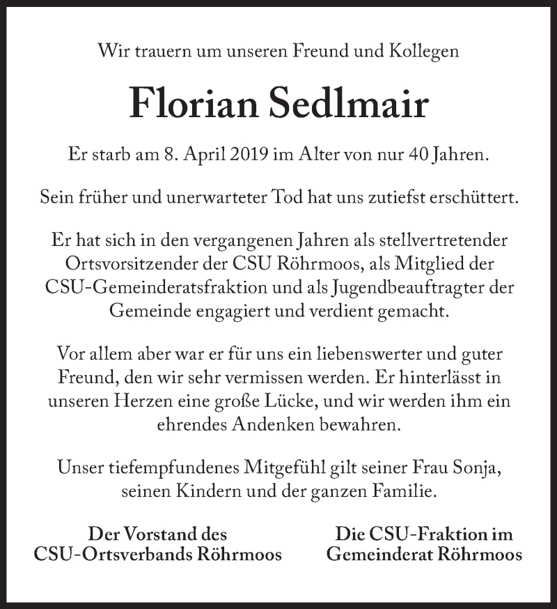  Traueranzeige für Florian Sedlmair vom 11.04.2019 aus Süddeutsche Zeitung