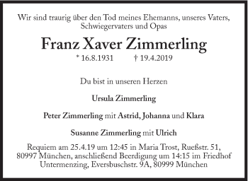 Traueranzeige von Franz Xaver Zimmerling von Süddeutsche Zeitung