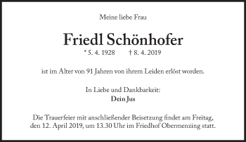Traueranzeige von Friedl Schönhofer von Süddeutsche Zeitung