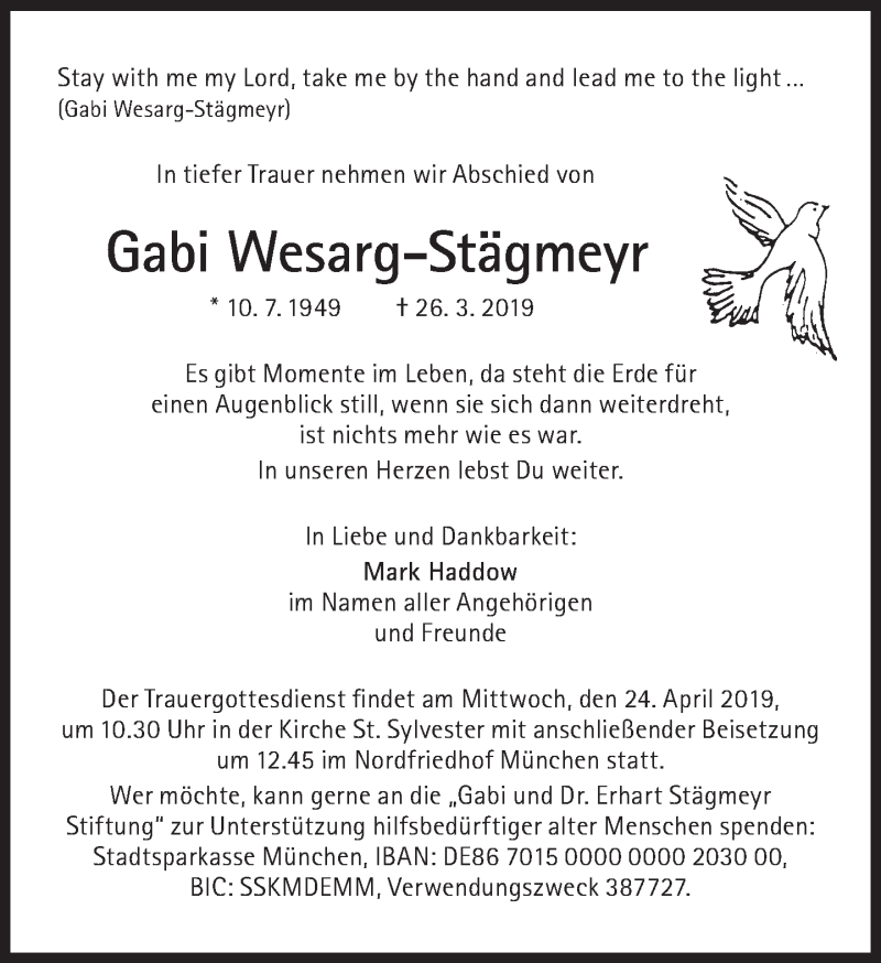  Traueranzeige für Gabi Wesarg-Stägmeyr vom 20.04.2019 aus Süddeutsche Zeitung