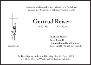 Traueranzeige von Gertrud Reiser von Süddeutsche Zeitung