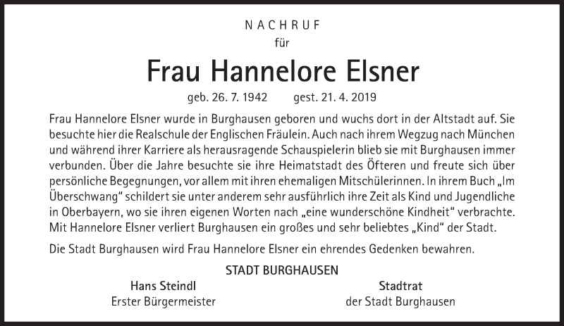 Traueranzeige für Hannelore Elsner vom 27.04.2019 aus Süddeutsche Zeitung