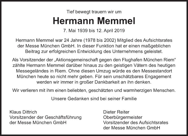  Traueranzeige für Hermann Memmel vom 16.04.2019 aus Süddeutsche Zeitung