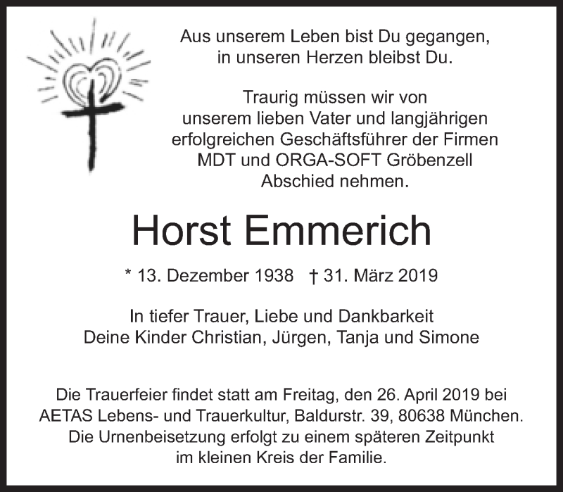  Traueranzeige für Horst Emmerich vom 20.04.2019 aus Süddeutsche Zeitung