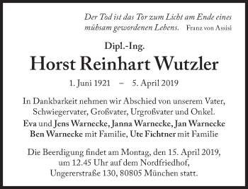 Traueranzeige von Horst Reinhart Wutzler von Süddeutsche Zeitung
