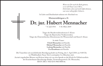 Traueranzeige von Hubert Mennacher von Süddeutsche Zeitung