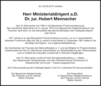 Traueranzeige von Hubert Mennacher von Süddeutsche Zeitung