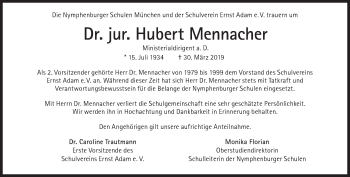 Traueranzeige von Hubert Mennacher von Süddeutsche Zeitung