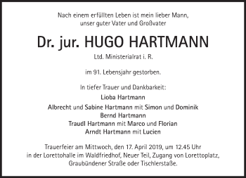 Traueranzeige von Hugo Hartmann von Süddeutsche Zeitung