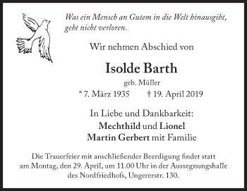 Traueranzeige von Isolde Barth von Süddeutsche Zeitung