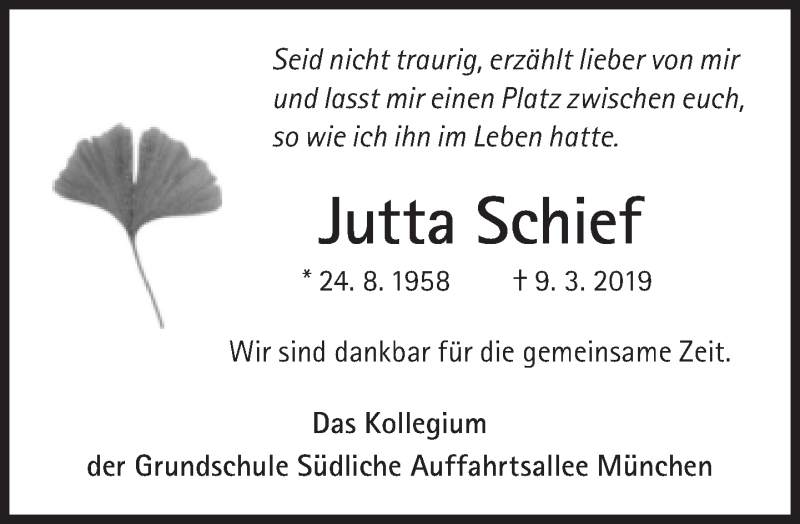 Traueranzeige für Jutta Schief vom 06.04.2019 aus Süddeutsche Zeitung