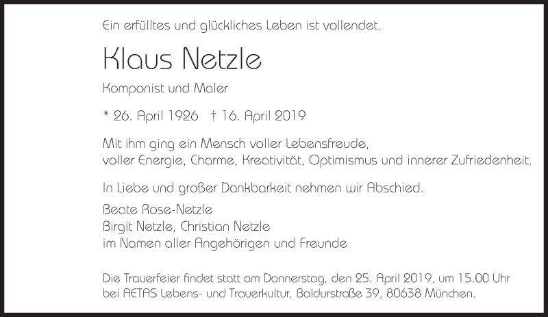  Traueranzeige für KLaus Netzle vom 20.04.2019 aus Süddeutsche Zeitung