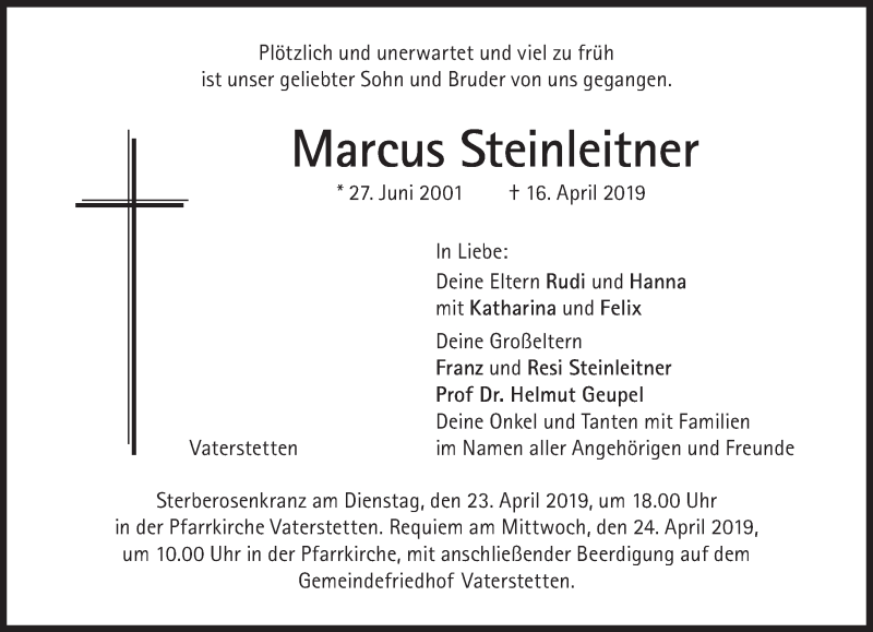  Traueranzeige für Marcus Steinleitner vom 20.04.2019 aus Süddeutsche Zeitung