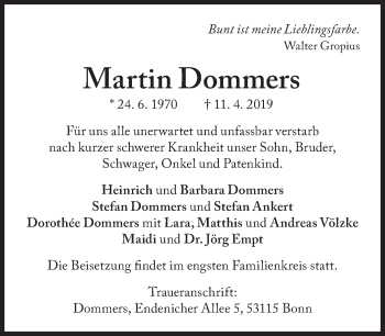 Traueranzeige von Martin Dommers von Süddeutsche Zeitung