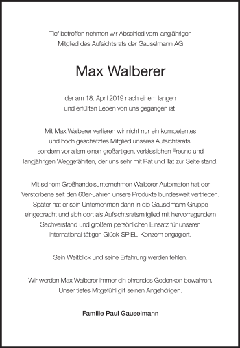 Traueranzeige von Max Walberer von Süddeutsche Zeitung