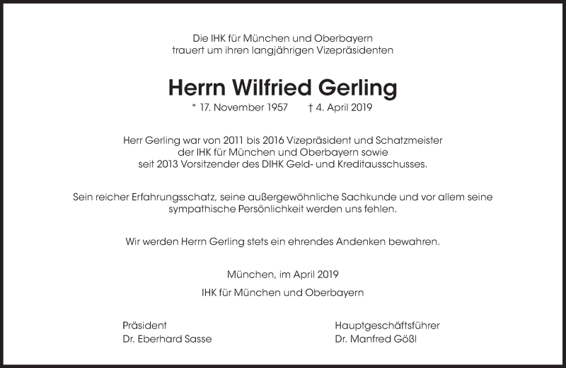  Traueranzeige für Wilfried Gerling vom 08.04.2019 aus Süddeutsche Zeitung