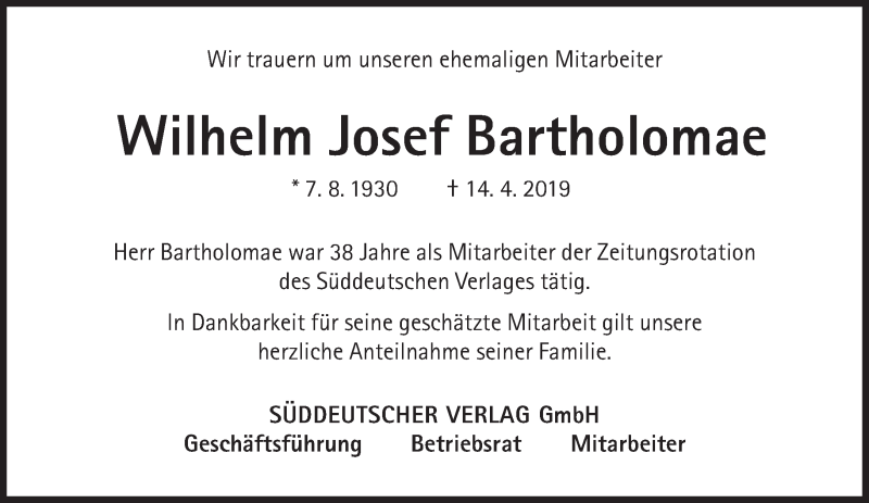 Traueranzeige für Wilhelm Josef Bartholomae vom 20.04.2019 aus Süddeutsche Zeitung