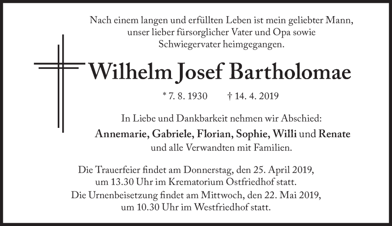  Traueranzeige für Wilhelm Josef Bartholomae vom 20.04.2019 aus Süddeutsche Zeitung