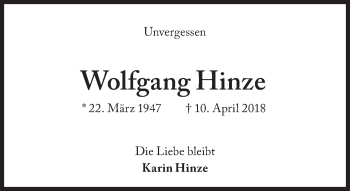Traueranzeige von Wolfgang Hinze von Süddeutsche Zeitung