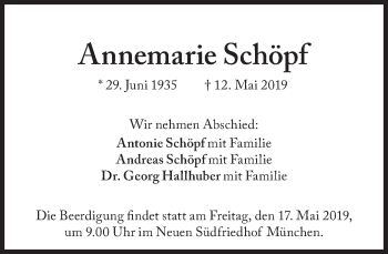 Traueranzeige von Annemarie Schöpf von Süddeutsche Zeitung