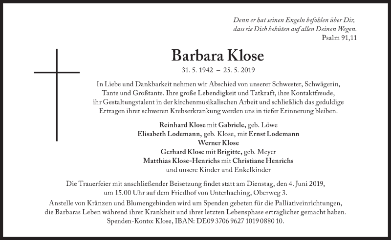  Traueranzeige für Barbara Klose vom 29.05.2019 aus Süddeutsche Zeitung
