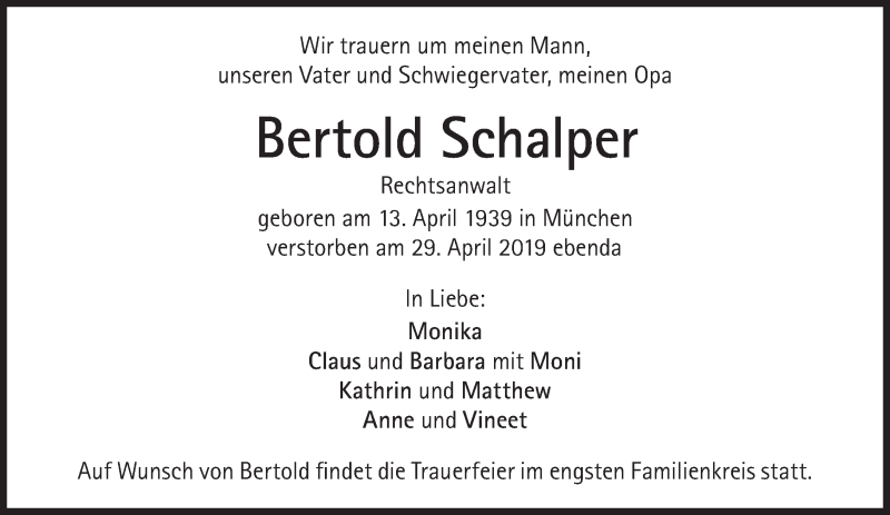  Traueranzeige für Bertold Schalper vom 04.05.2019 aus Süddeutsche Zeitung