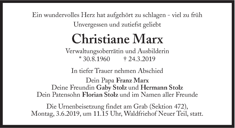 Traueranzeige für Christiane Marx vom 29.05.2019 aus Süddeutsche Zeitung
