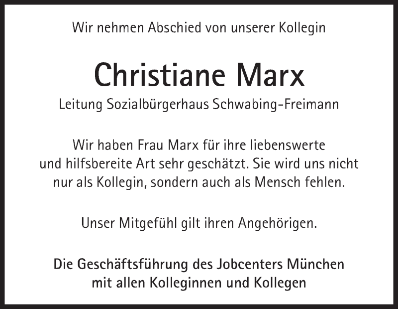  Traueranzeige für Christiane Marx vom 01.06.2019 aus Süddeutsche Zeitung