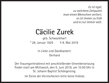 Traueranzeige von Cäcilie Zurek von Süddeutsche Zeitung